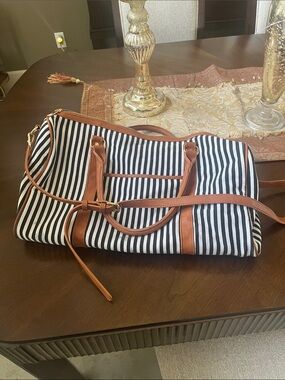 Striped Black & White Canvas Tote with Tan Trim